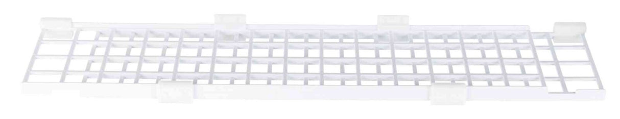 Weiße, rechteckige Kunststoffgitterstruktur mit mehreren regelmäßigen Quadraten und Befestigungselementen.