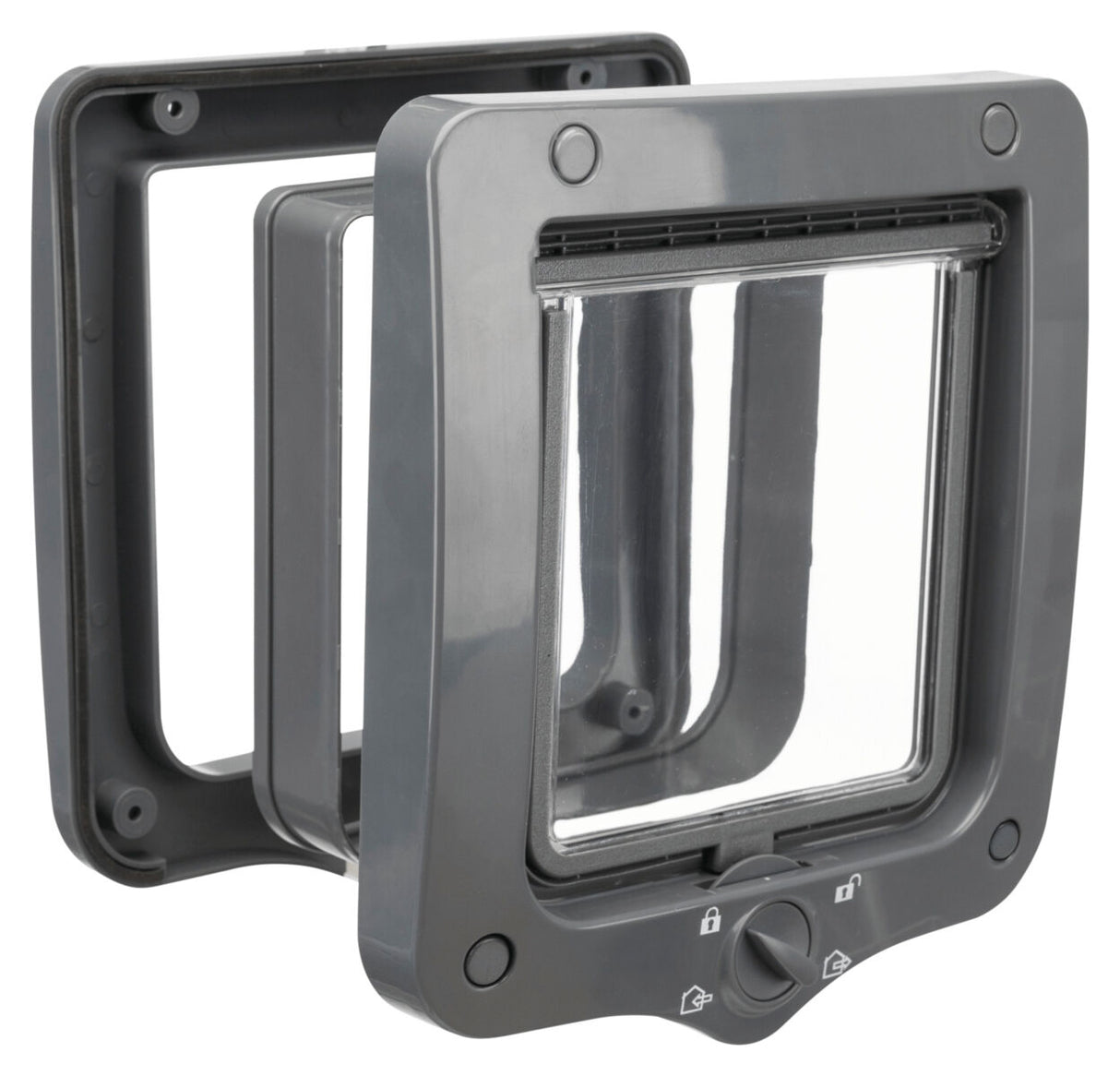 Graue Katzenklappe mit transparentem Fenster und Drehmechanismus zur Verriegelung, quadratische Form.