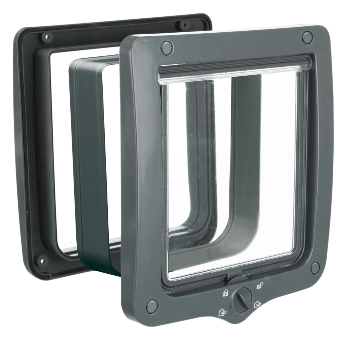 Graue rechteckige Klappe mit transparentem Mittelteil und Drehverschluss an der Unterseite.