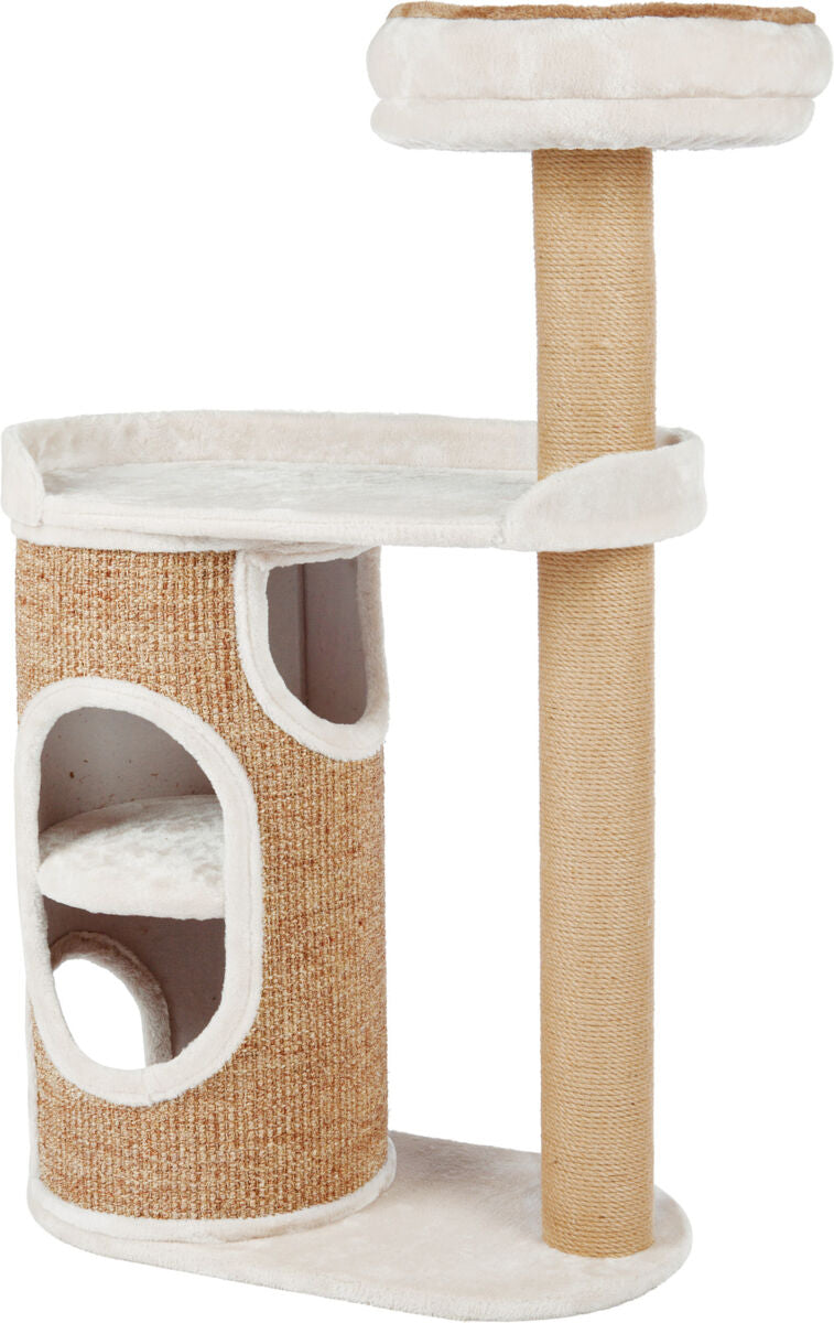 Kratzbaum mit beigefarbenem Plüsch und Sisal, zwei Plattformen und integriertem Versteck in Zylinderform.