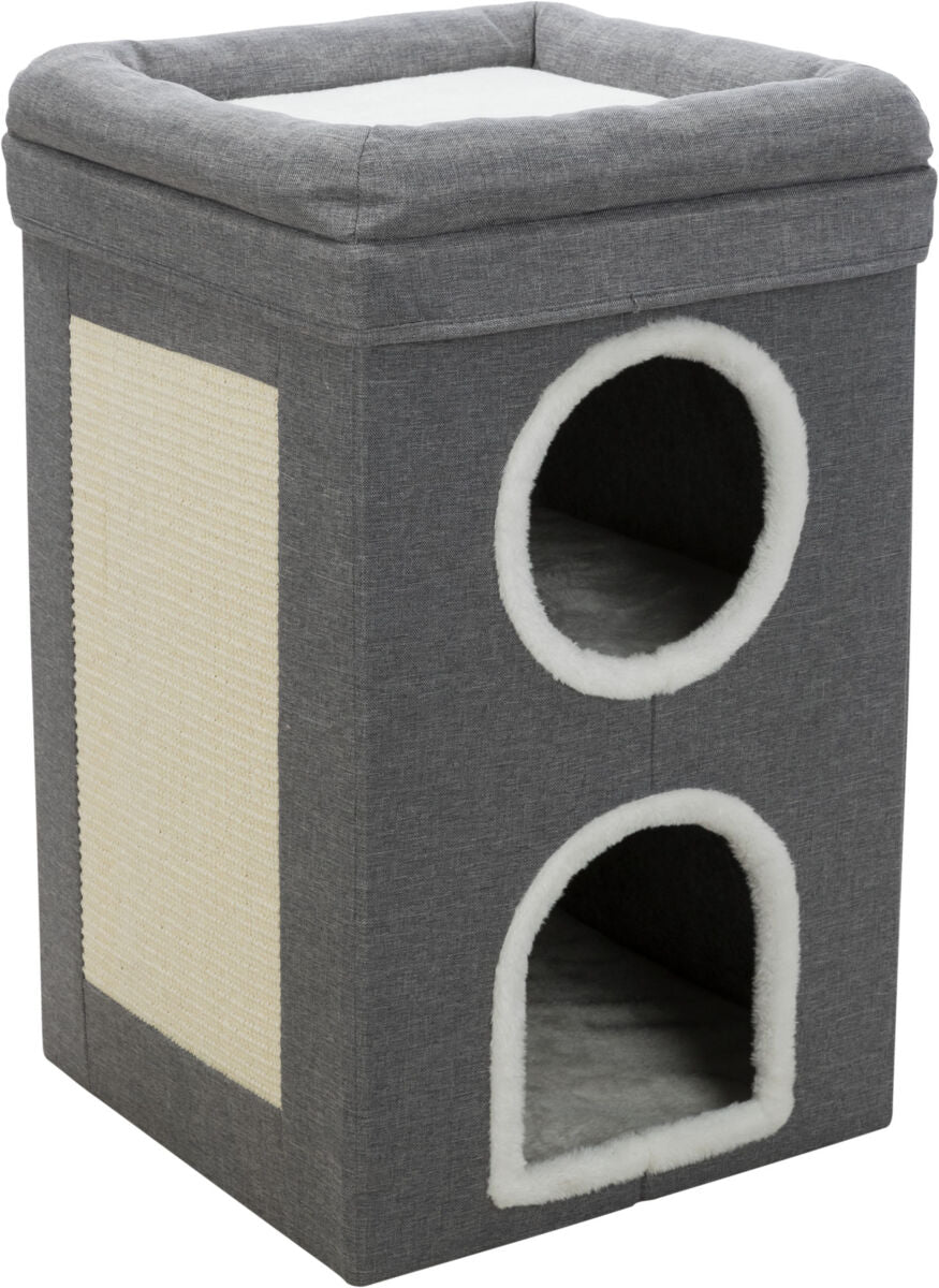 Grauer Würfel mit zwei runden Öffnungen und seitlicher beiger Fläche, gepolsterte Oberseite.