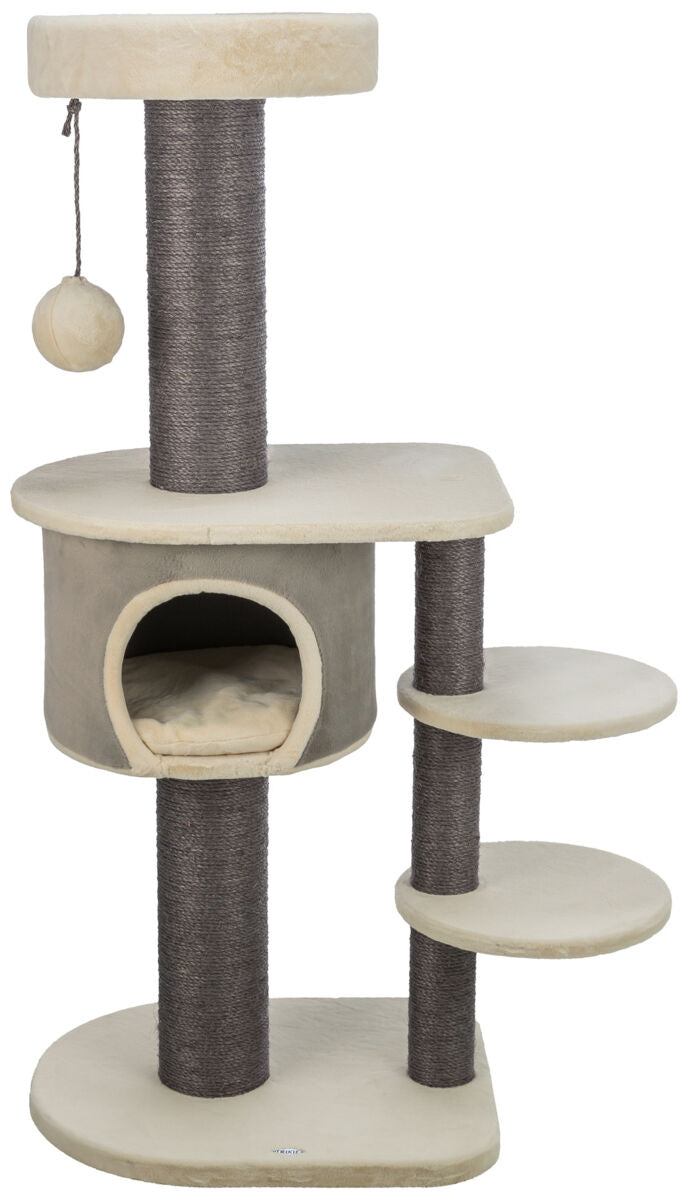Kratzbaum mit mehreren Ebenen, Höhle und Spielball aus hellem Stoff, Stämme mit dunklem Seil umwickelt.