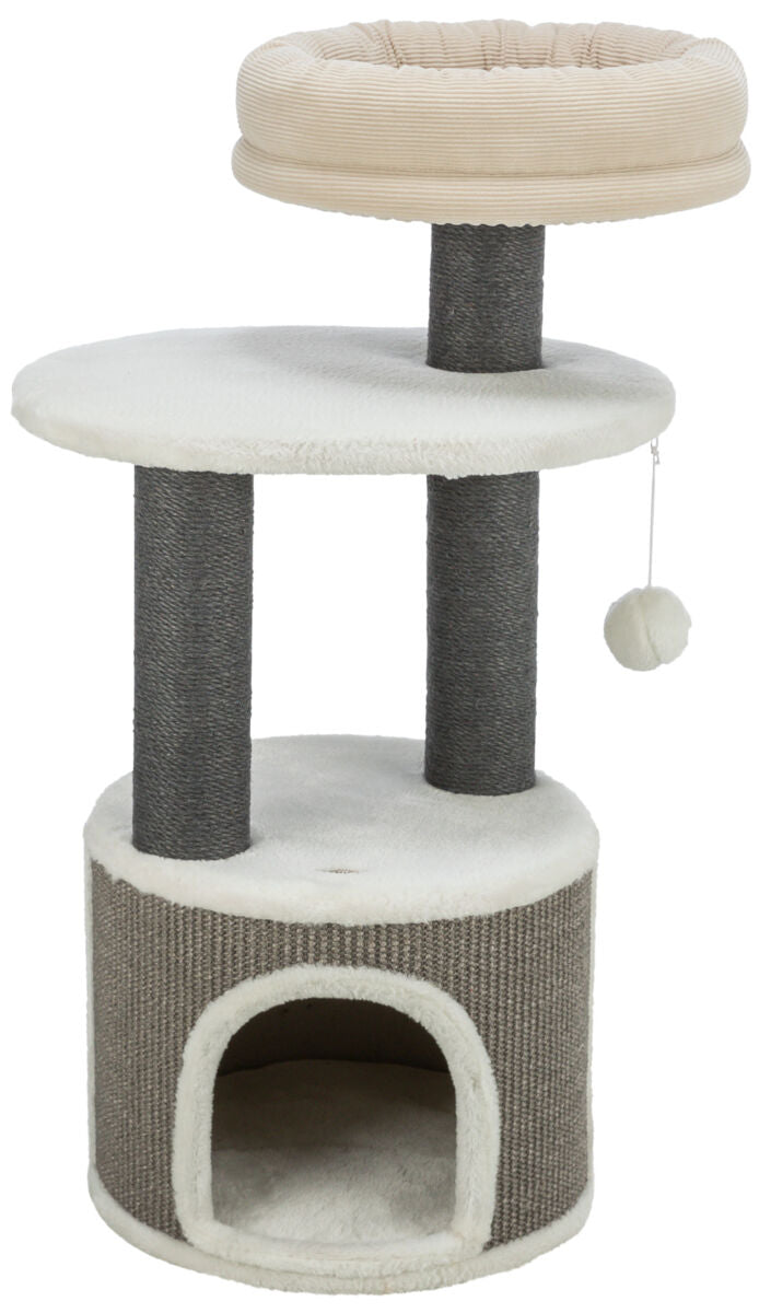 Katzenkratzbaum mit beigem Liegekissen, zwei dunkelgrauen Sisalstämmen, weißer Plattform und Höhle, hängender Ball.