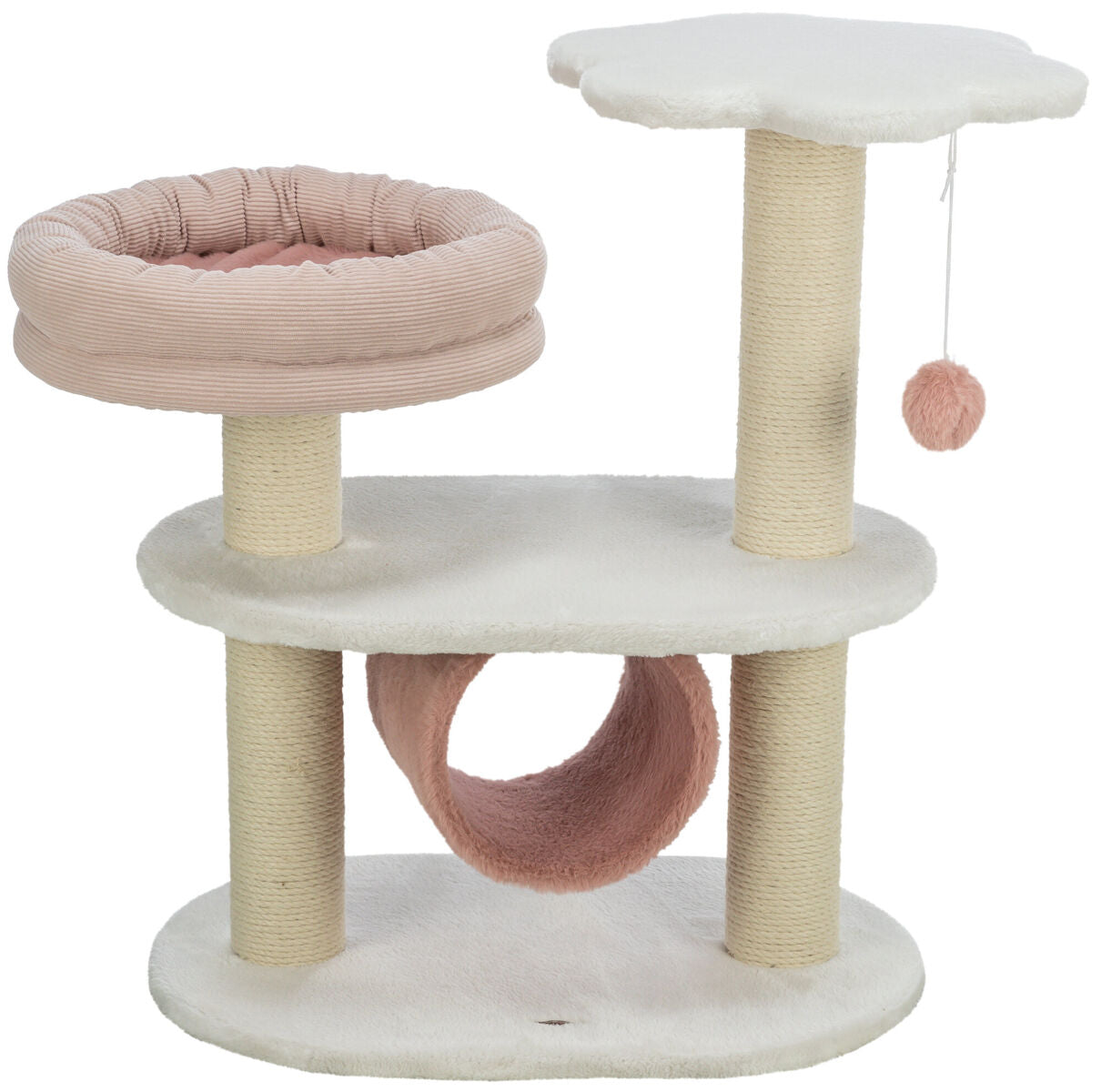 Kratzbaum mit hellem Plüschbezug, oben rosa Bett und Spielzeug, drei Säulen, darunter Tunnel und Ebene.
