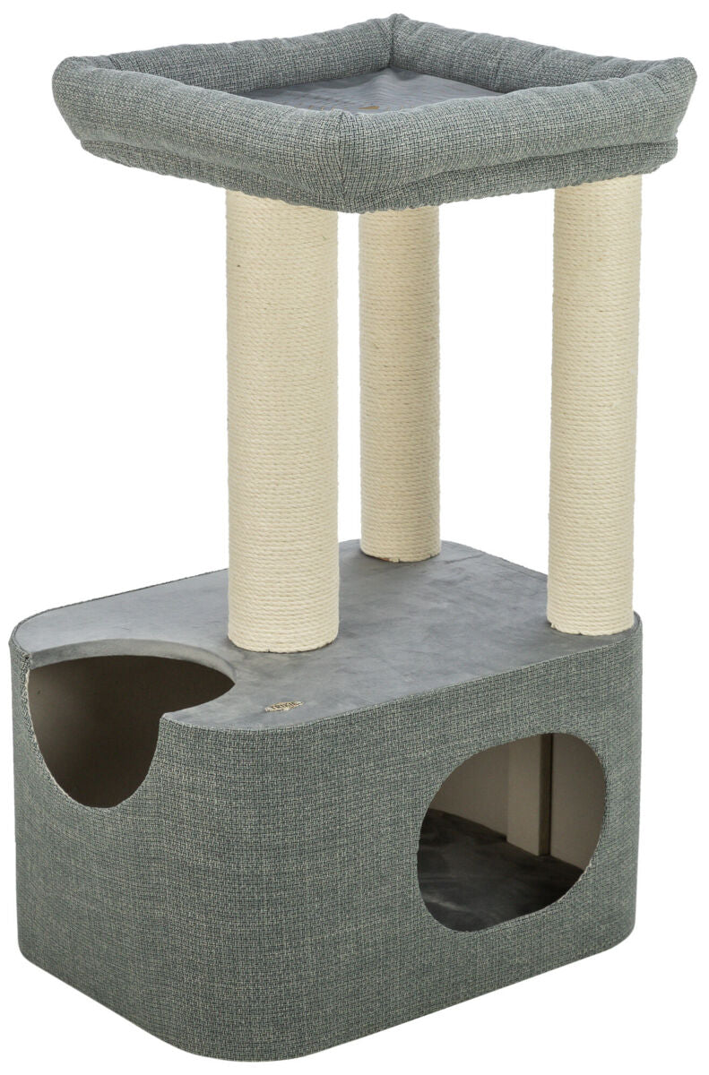 Kratzbaum mit zwei säulenartigen Stämmen, grauer Liegefläche und Höhle in rechteckiger Form.