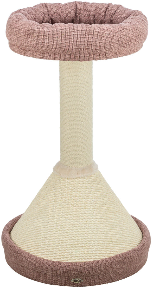 Kratzbaum mit rundem, hellbraunem Sockel und pinkfarbenem, gepolstertem Rand oben; mittlere Säule umwickelt.