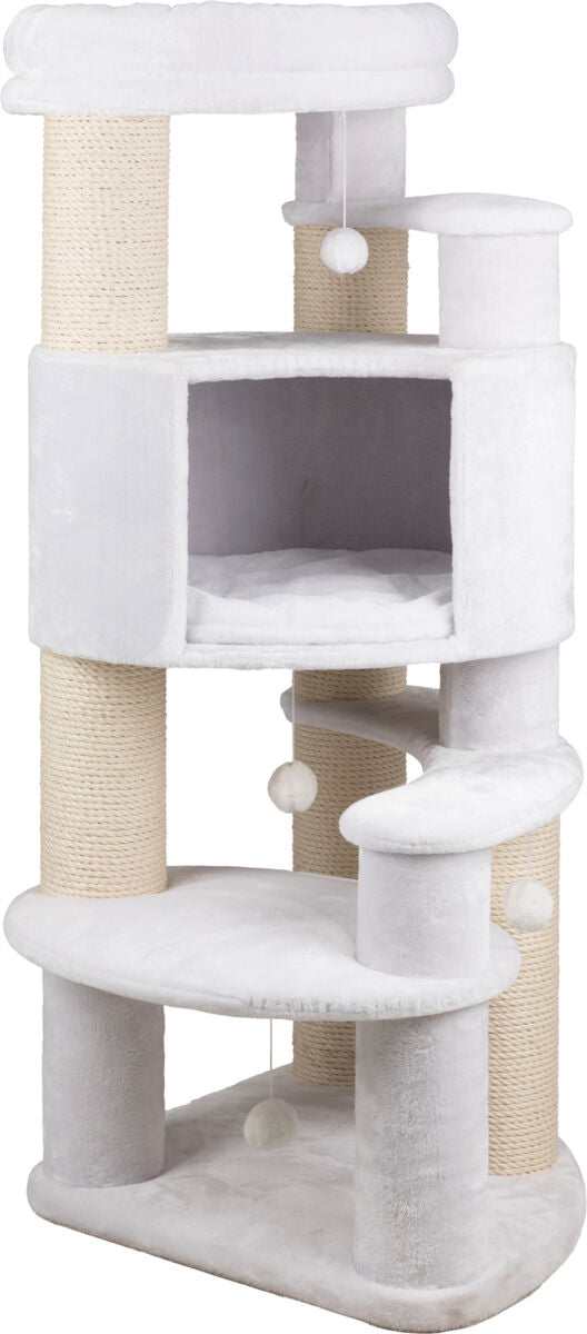 Weißer Katzenturm mit mehreren Plattformen, Sisal-Kratzsäulen und hängenden Spielbällen.