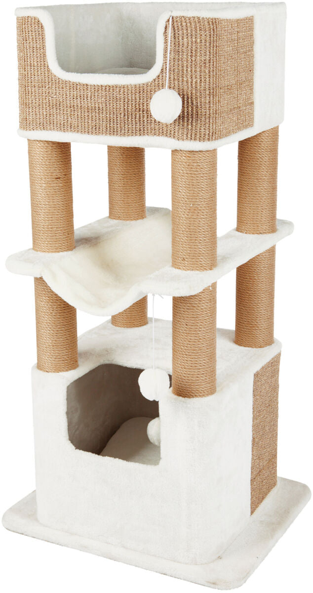 Kratzbaum mit mehreren Ebenen und Hängematte, beige und weiß, mit Sisal umwickelten Stämmen und Spielbällen.