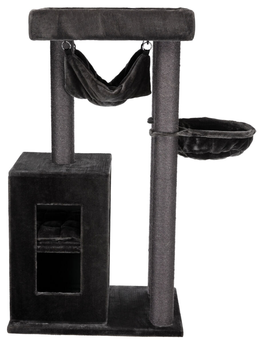 Katzenbaum aus dunkelgrauem Stoff mit zwei Säulen, Hängematte, Liegefläche und Höhle auf rechteckiger Basis.