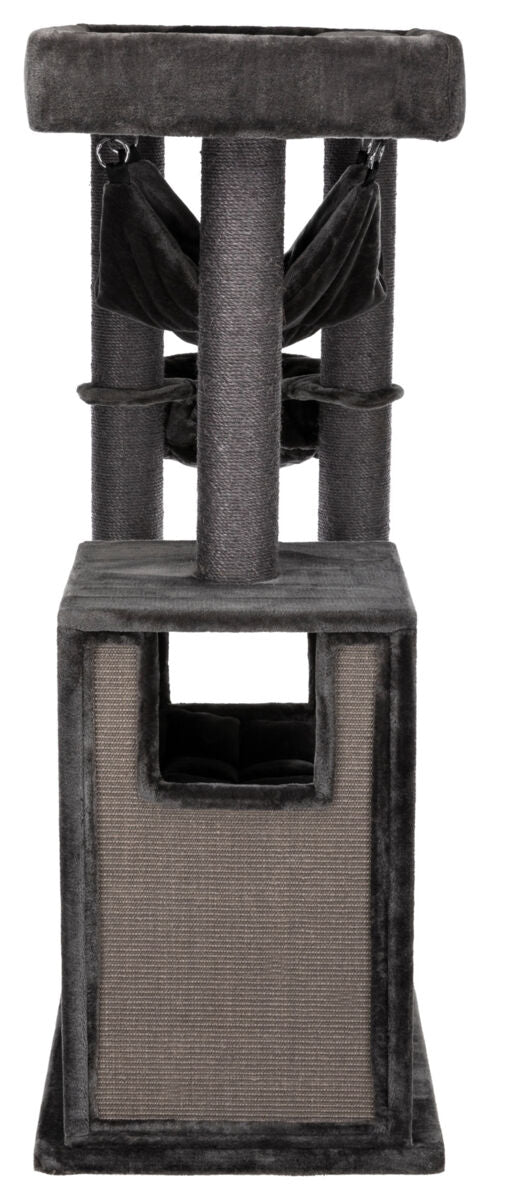 Grauer Kratzbaum mit mehreren Plattformen, Sisalsäulen und einer Höhle, geeignet für Katzen.