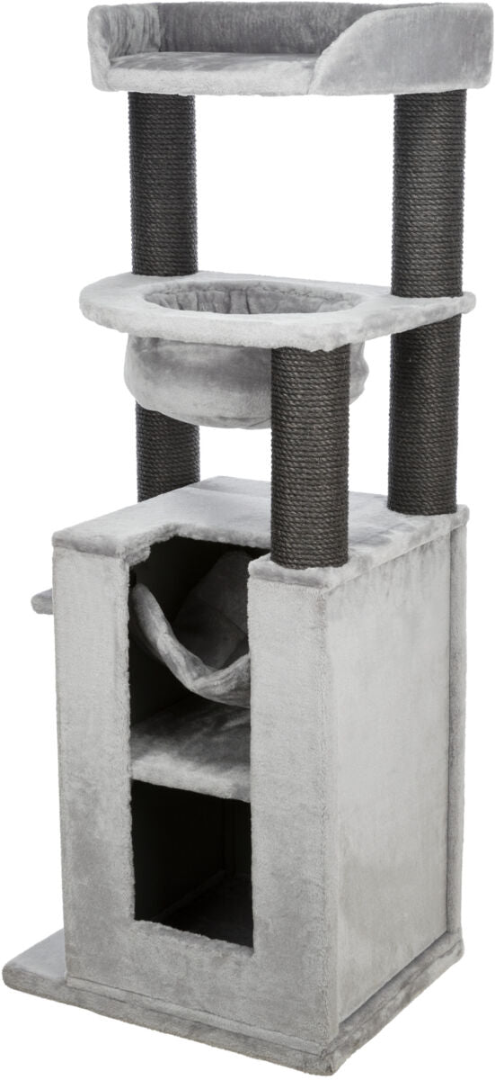 Kratzbaum mit mehreren Ebenen in Grau, Plüschbezügen und Sisal umwickelten schwarzen Säulen für Katzen.