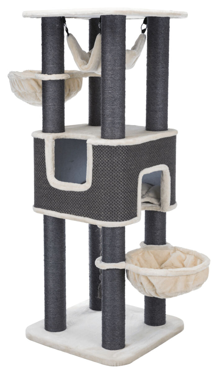 Großer Kratzbaum mit mehreren Ebenen, Hängematten und Höhlen, aus hellem und dunkelgrauem Material gefertigt.