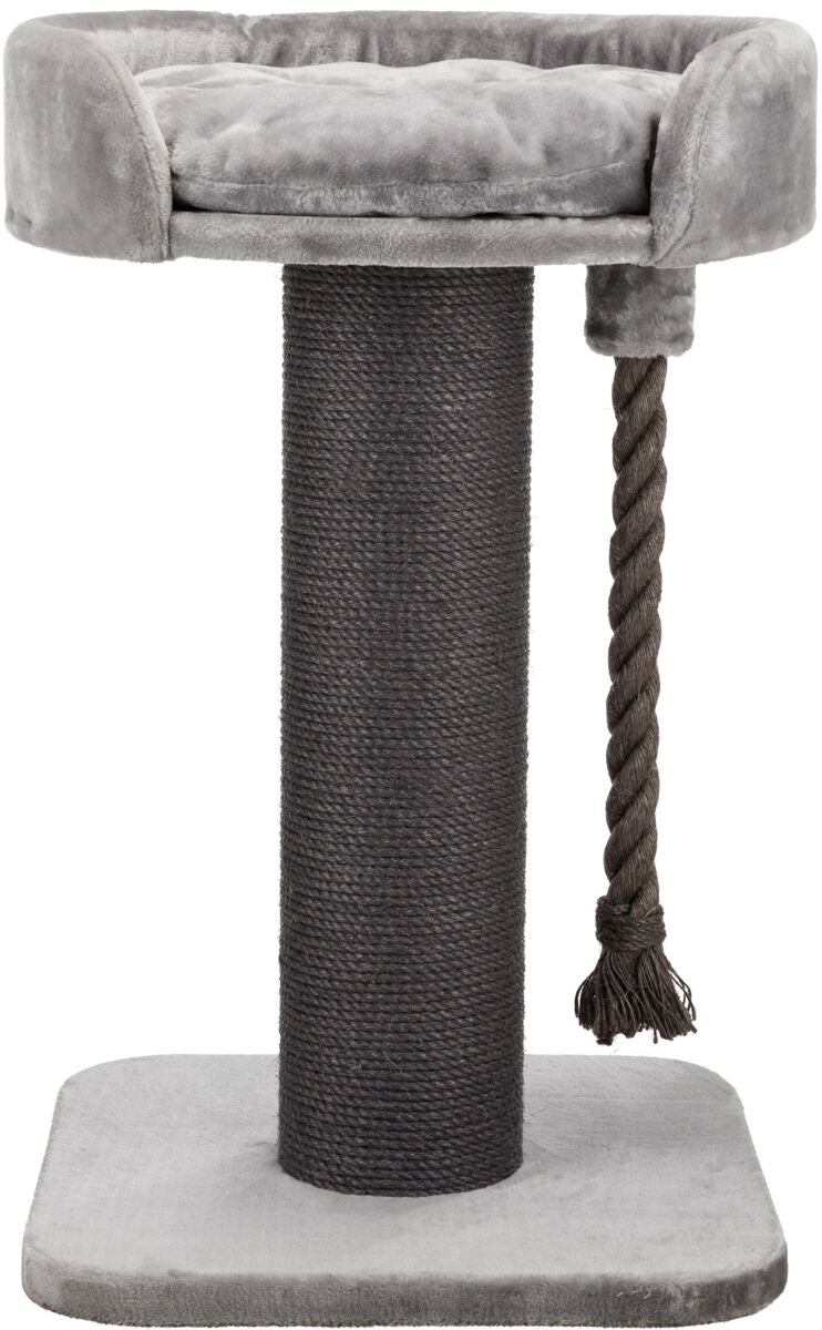 Kratzbaum mit dunkelgrauer Sisalsäule, hellgrauer Plüschplattform und angehängtem Seil zum Spielen.