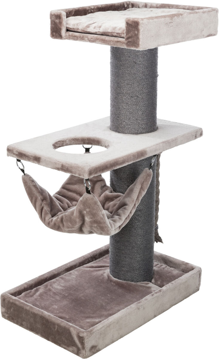 Kratzbaum mit grauem Sisal-Stamm, zwei Plüschplattformen und hängender brauner Hängematte, geeignet für Katzen.