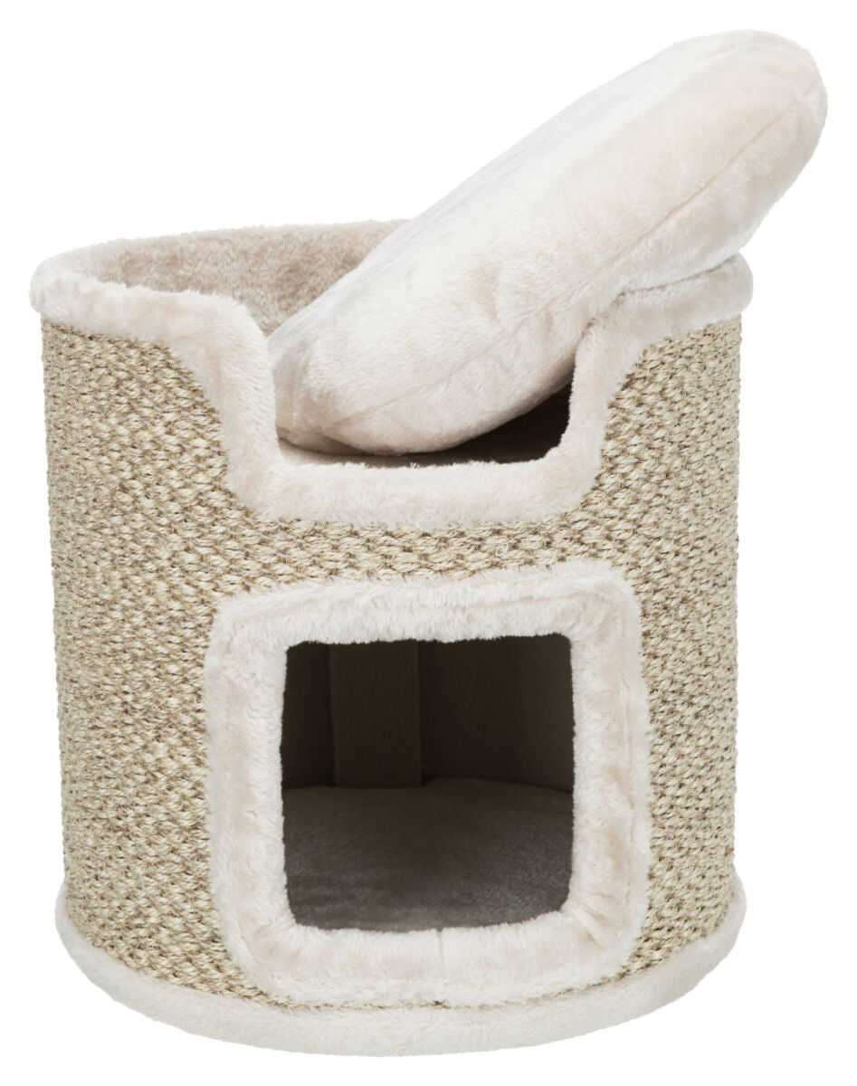 Runde beige Höhle mit flauschiger Öffnung und abnehmbarer, gepolsterter Oberseite.