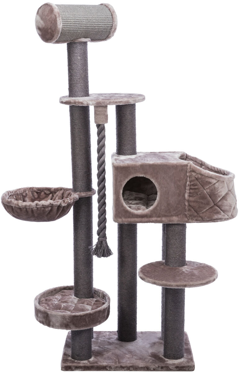 Katzenbaum mit mehreren Plattformen, Höhle, Kratzstange und Hängematte in Braun- und Beigetönen.