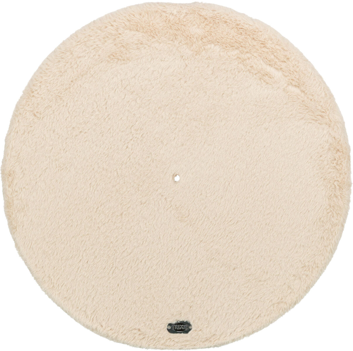 Runde, beige, flauschige Matte mit einem kleinen Loch in der Mitte und einem Etikett am Rand.