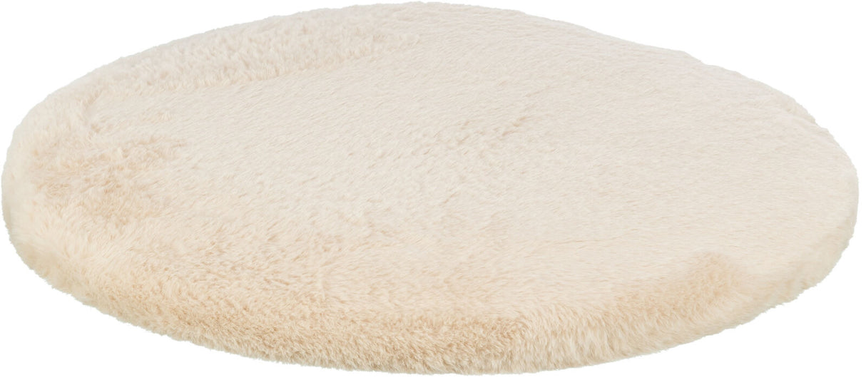 Beige, rundes, flauschiges Kissen in Nahaufnahme, ohne sichtbare Details oder Muster.