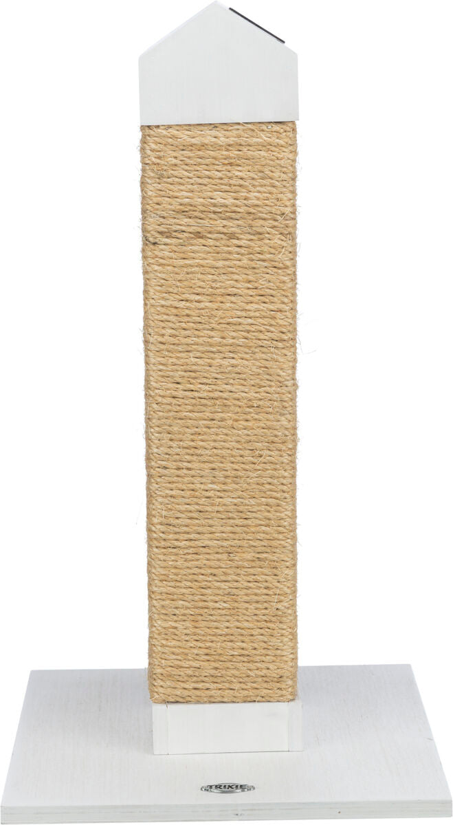 Kratzsäule aus hellbraunem Sisal mit weißer, quadratischer Basis und einer dreieckigen weißen Spitze.