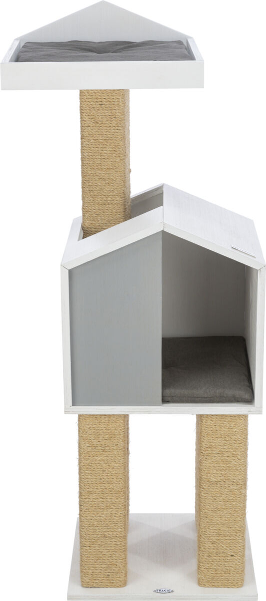 Kratzbaum mit zwei Plattformen in Weiß und Beige, untere Plattform mit grauem Kissen, obere Plattform dreieckig.