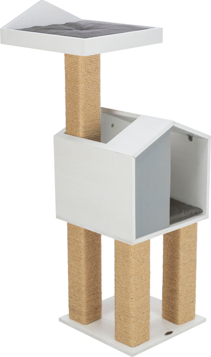 Ein weißer Kratzbaum mit zwei Plattformen und vier sisalumwickelten Säulen, darauf graue Kissen.