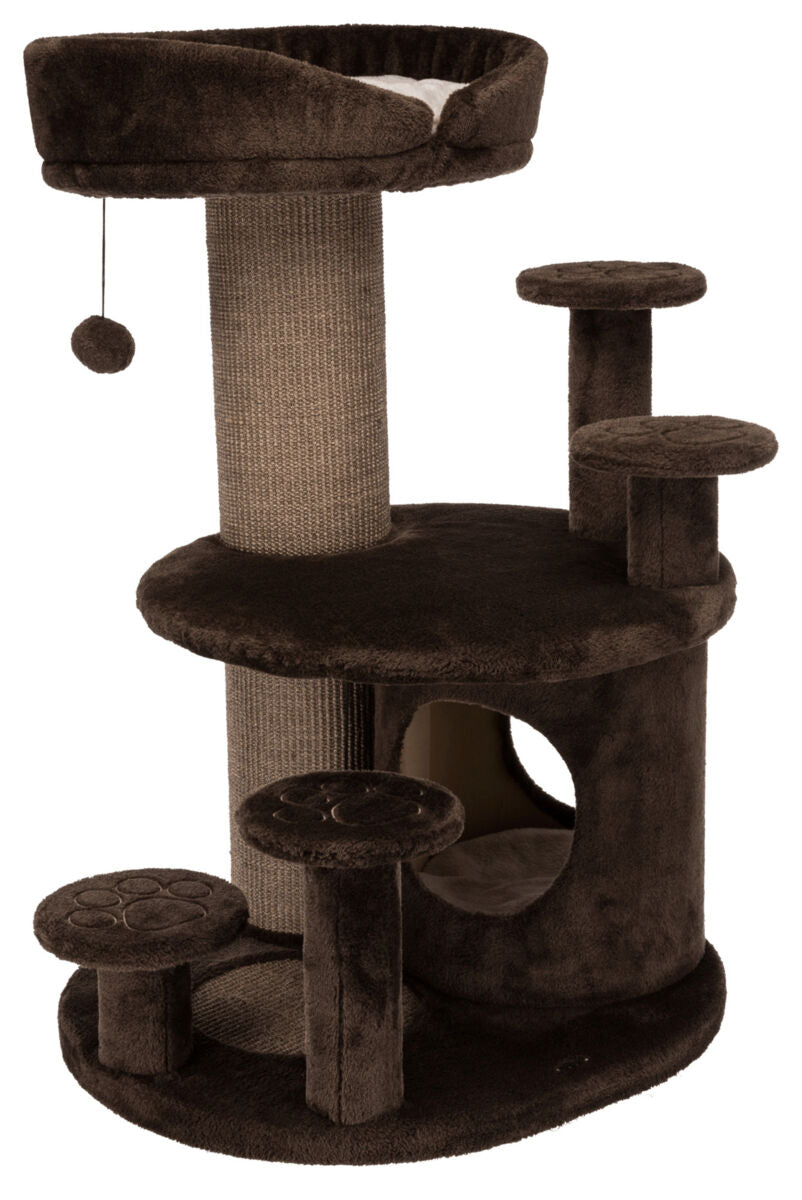 Brauner Kratzbaum mit runder Höhle, mehreren Plattformen und einem Spielzeugball an einer Schnur.