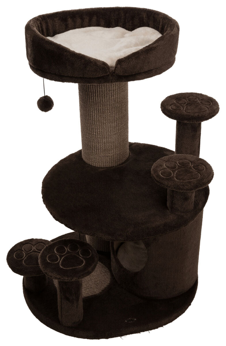 Ein mehrstufiger, brauner Kratzbaum mit einem oberen Schlafbereich, einem Seilball und paw-förmigen Plattformen.