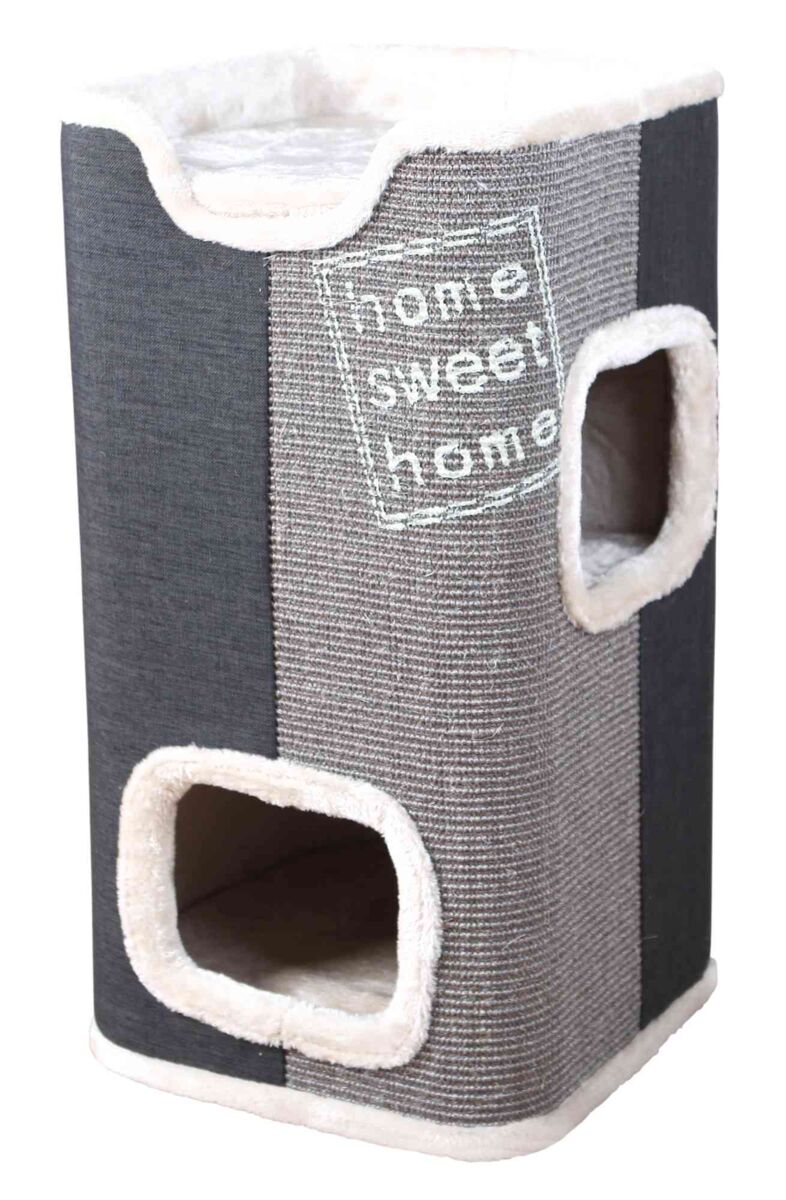 Grauer Kratzbaum mit beigen Plüschrändern, zwei Ausschnitten und gesticktem "home sweet home"-Schriftzug.