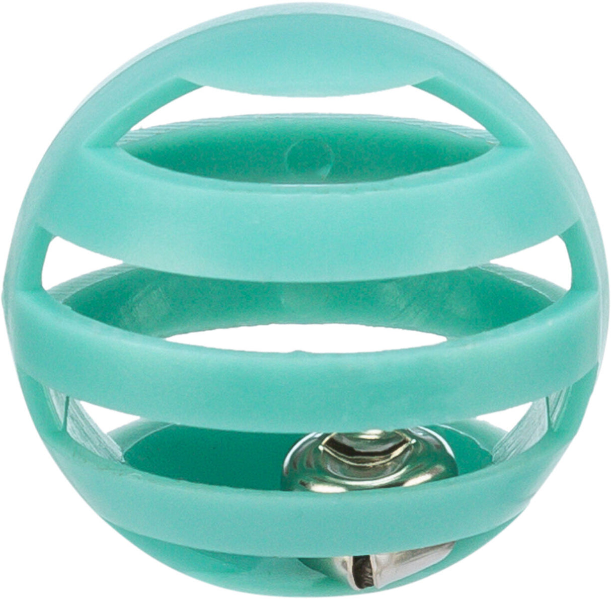 Türkisfarbener, runder Spielball mit offenen Streifen und einer Metallglocke im Inneren.