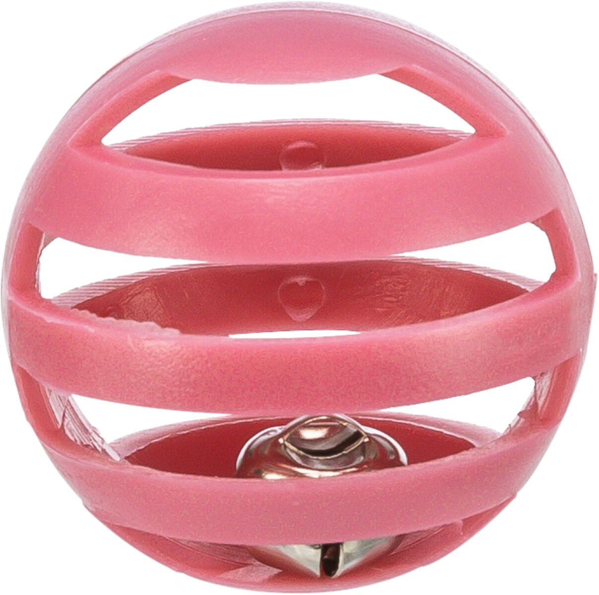 Ein rosafarbener, offener Plastikball mit integrierter Glocke im Inneren, geeignet als Katzenspielzeug.