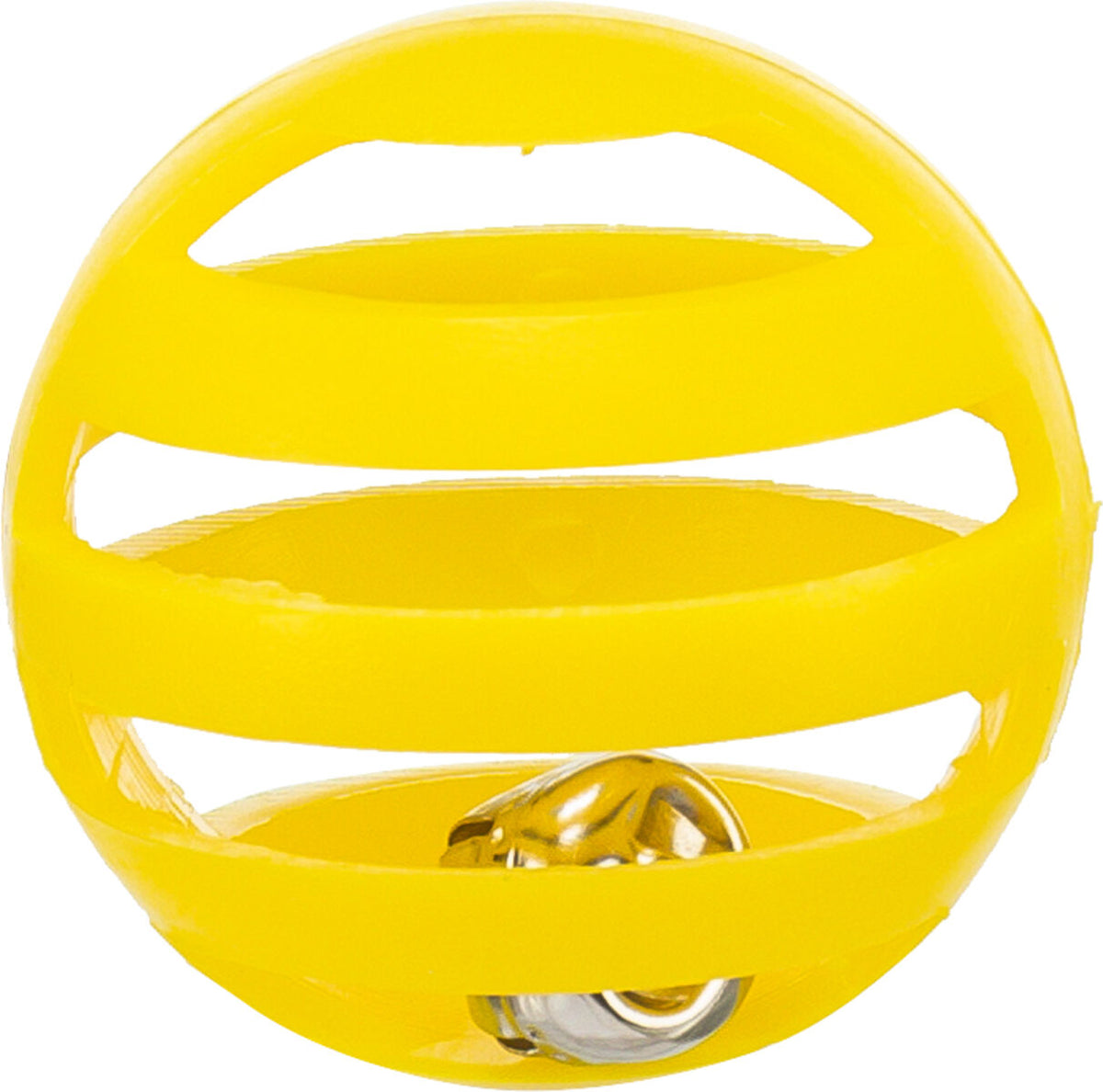 Gelber, durchbrochener Ball mit integrierter kleiner Glocke, aus Kunststoff gefertigt, kugelförmiges Spielzeug.