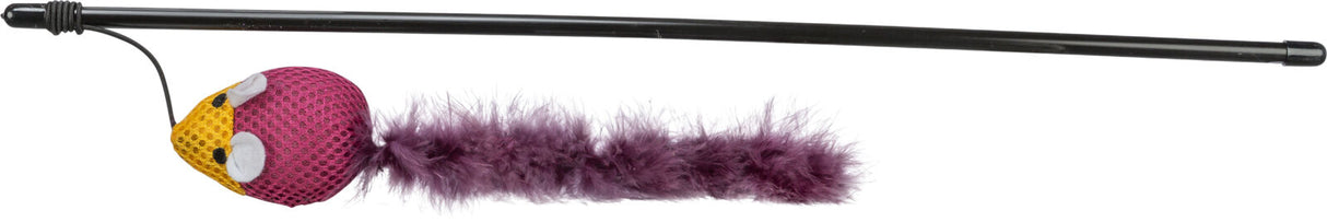 Lila und gelbes Katzenspielzeug mit Stab und flauschigem Schwanz.