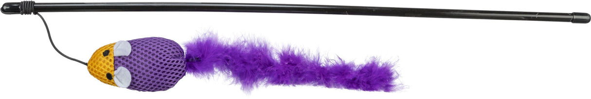 Schwarze Stange mit daran befestigtem lila Spielzeug mit gelbem Netzmuster und lila Federschwanz.