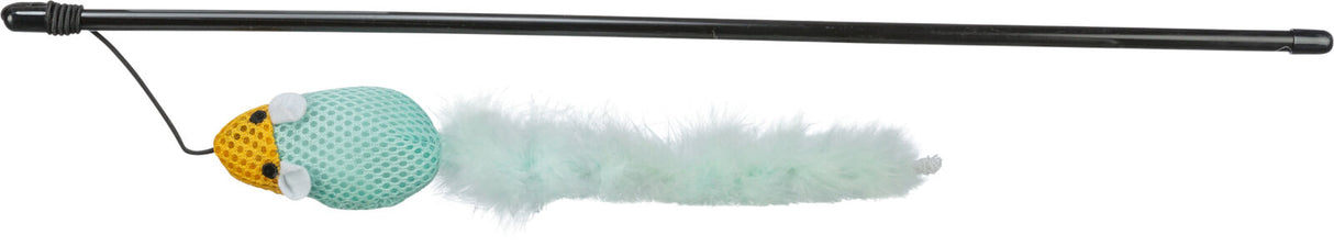 Ein schwarzer Stab mit einer Angel und einem türkisfarbenen Spielzeug mit gelbem Kopf und Federn.