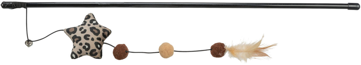 Schwarze Spielangel mit Plüschstern im Leopardenmuster, zwei Kugeln und Federn an einer Schnur.