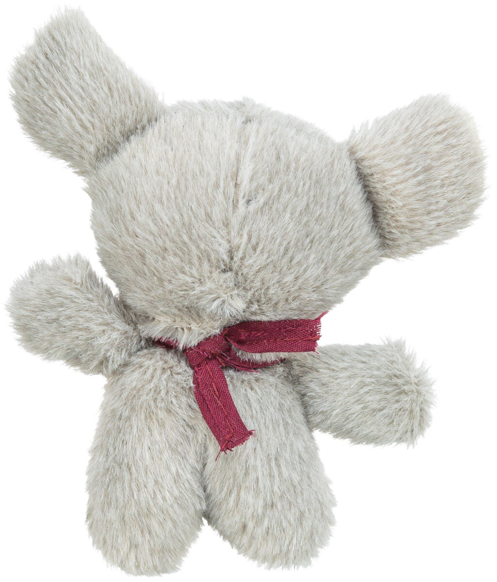 Plüschfigur in Grau mit roter Schleife um den Hals, frontal fotografiert.