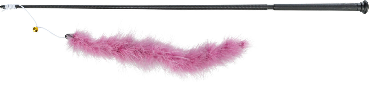 Schwarzer Stab mit rosa Federbüschel und kleiner goldener Glocke, verbunden durch weißes Band.