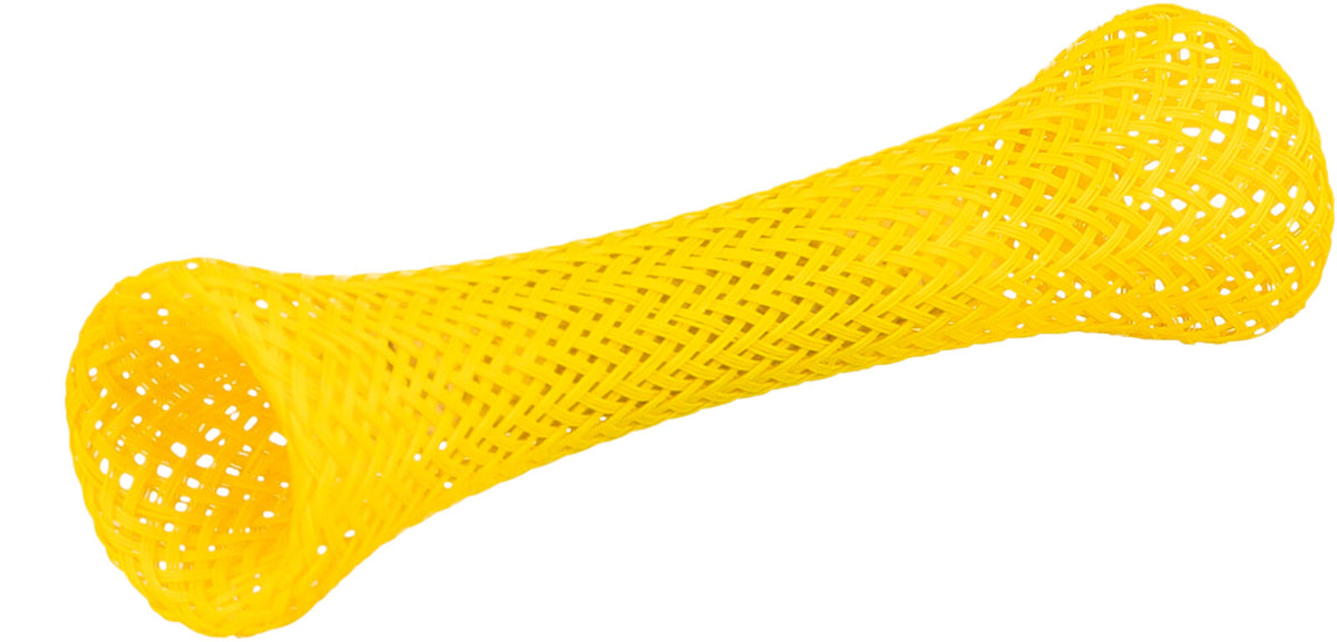 Gelbes, flexibles Netzröhrchen aus Kunststoff mit diagonalem Flechtmuster und offenen Enden.