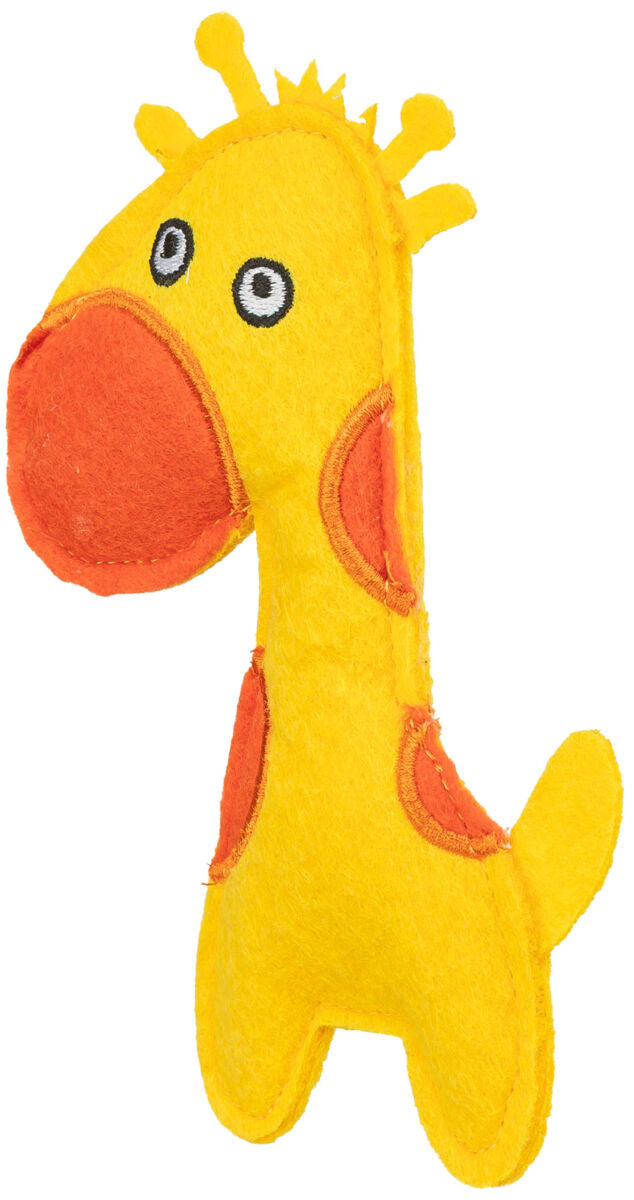 Gelbes Plüschspielzeug in Form eines stilisierten Tieres mit orangenen Flecken und großen aufgestickten Augen.