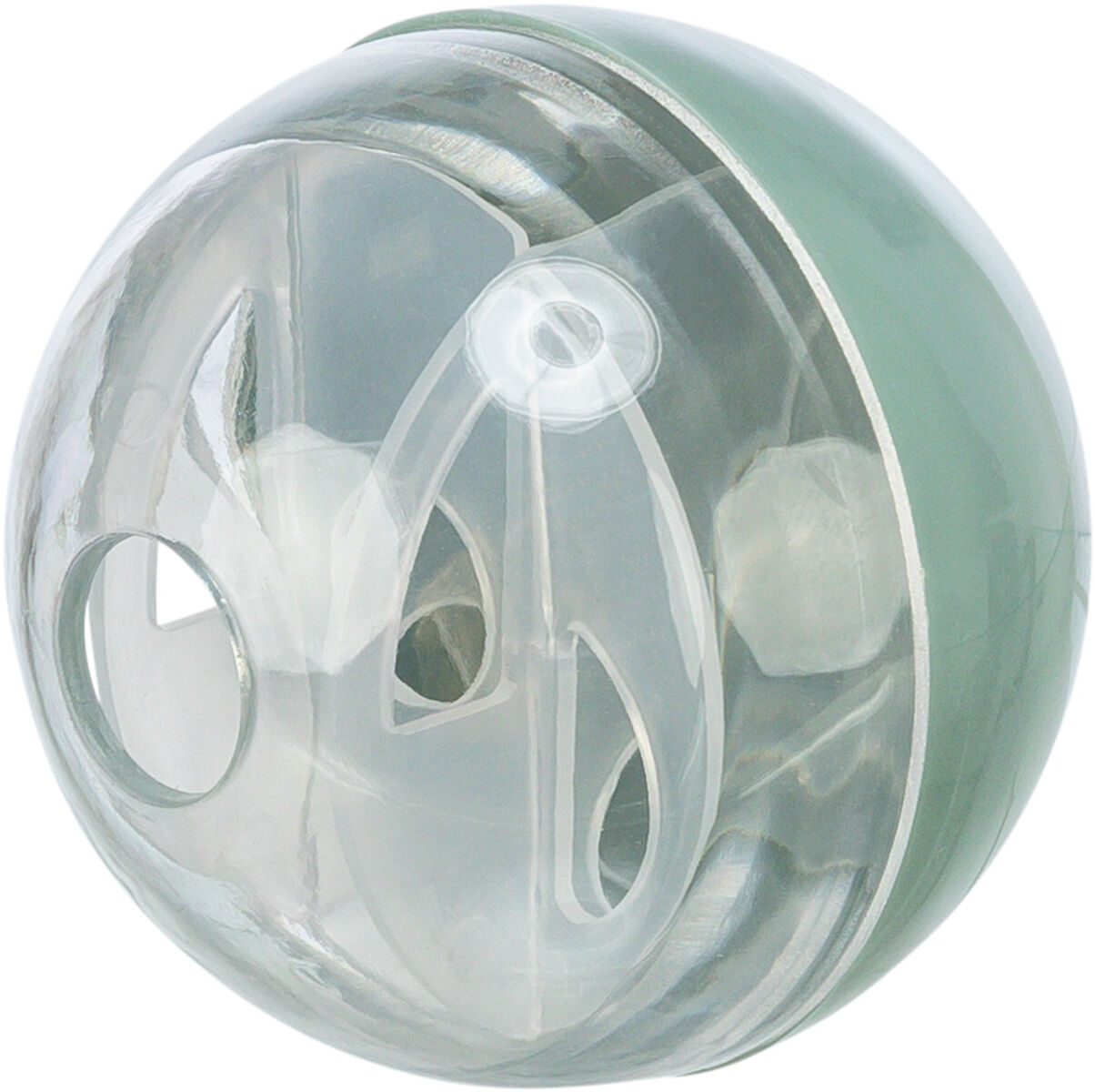 Transparente Kunststoffkugel mit klarer Oberfläche und grünen Akzenten, mehrere Öffnungen sind sichtbar.