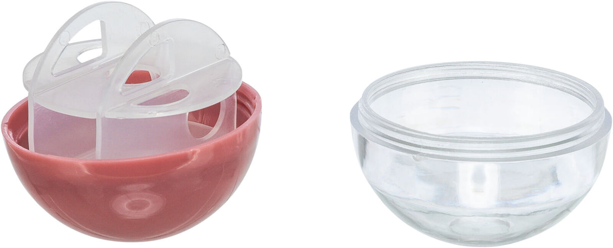 Zwei halbrunde Schalen, eine transparent und eine rosa, mit einem transparenten Einsatz in der rosa Schale.