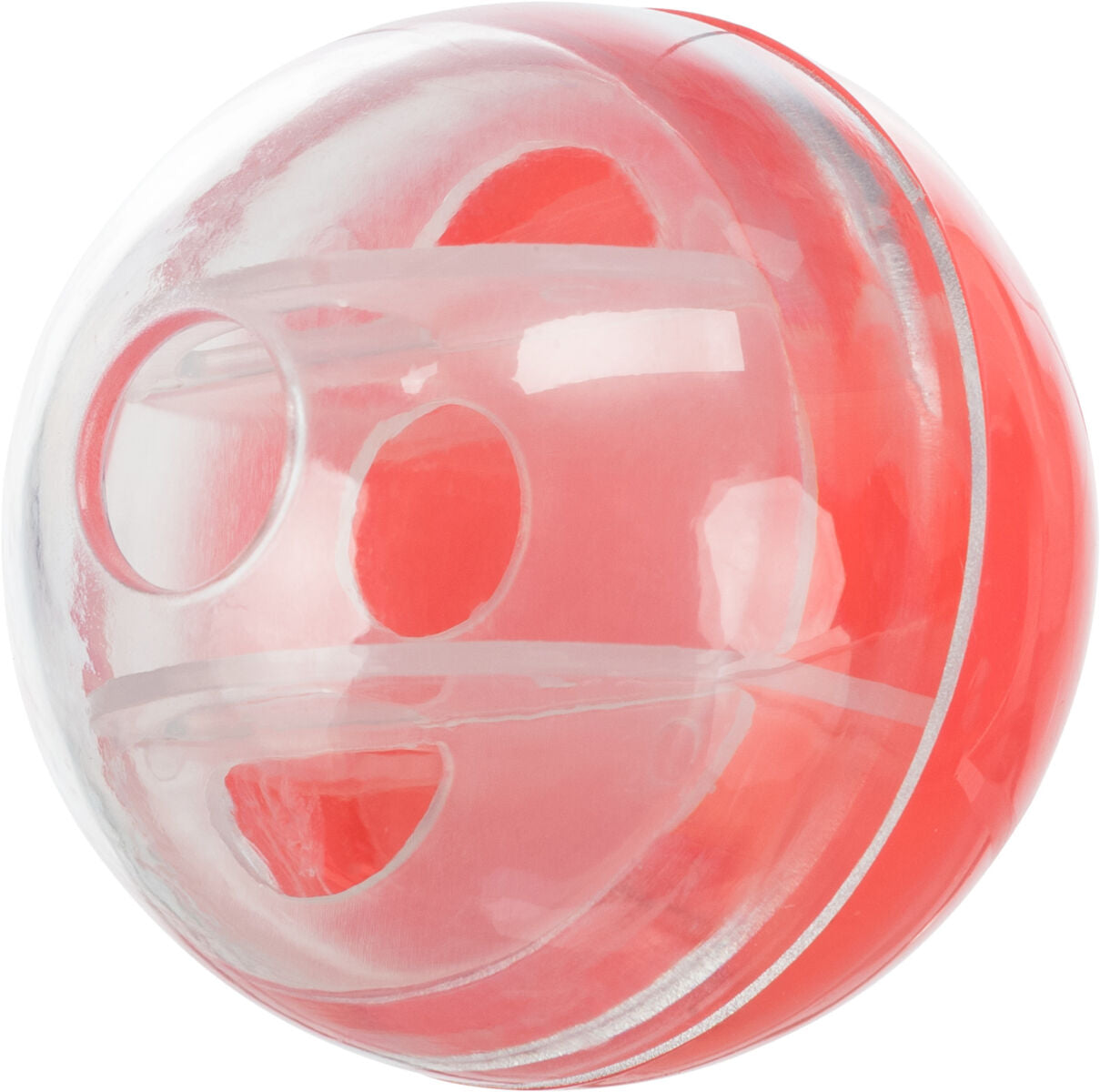 Transparente Kugel mit roten Elementen und runden Öffnungen, wahrscheinlich ein Spielzeug.