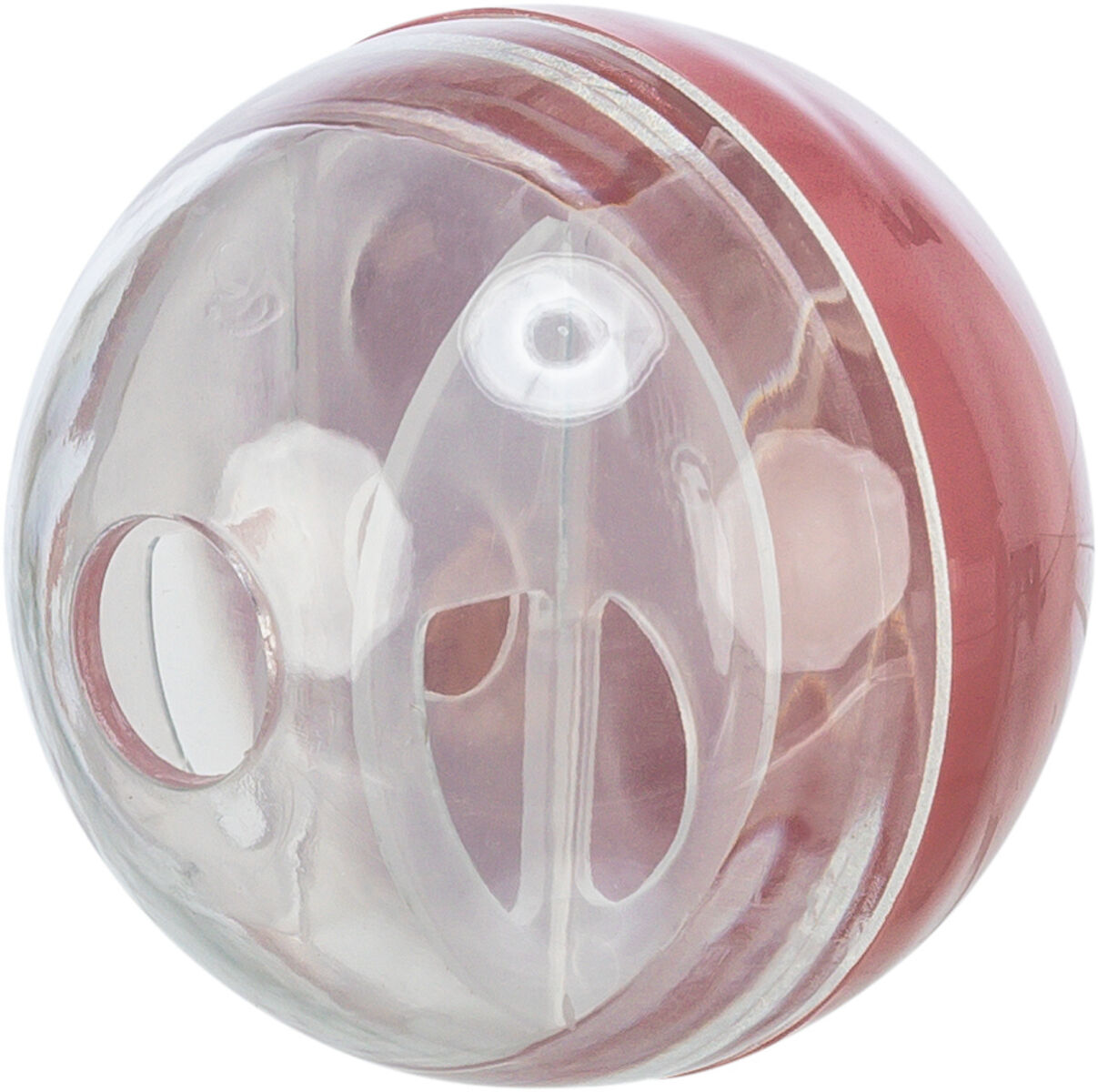 Kugelförmiges, transparentes und rötliches Objekt mit Öffnungen in glatter Oberfläche.
