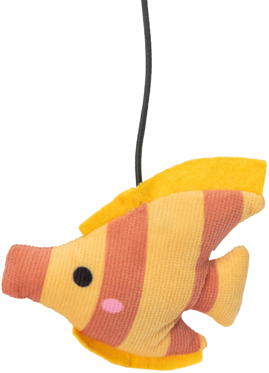 Spielzeug in Form eines gelben und orangefarbenen gestreiften Fisches mit schwarzer Schnur oben.