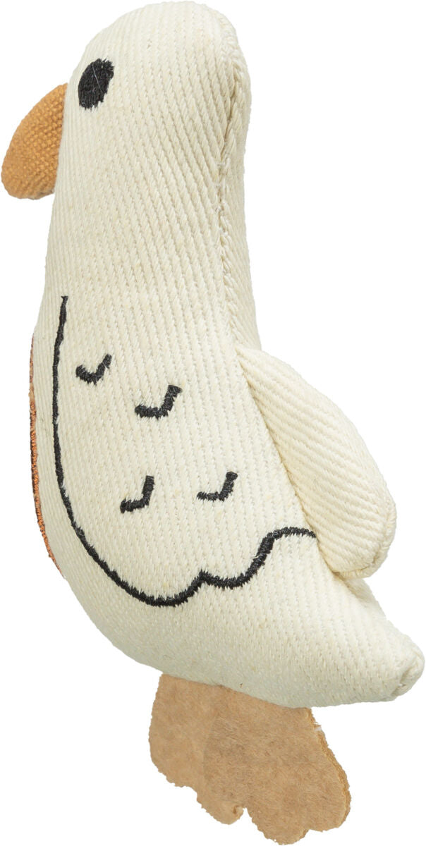 Stoffspielzeug in Form eines Vogels mit weißer Oberfläche, schwarzer Stickerei, braunem Schnabel und Füßen.