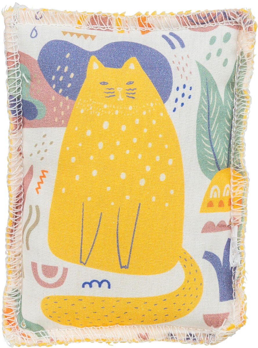 Stoffquadrat mit buntem Katzenmotiv in Gelb und blauen Akzenten, umgeben von abstrakten Mustern.