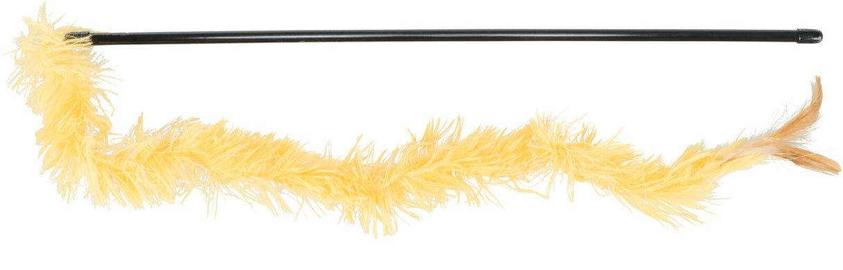 Gelber, flauschiger Federanhänger an einem schwarzen Stab, in geschwungener Form dargestellt.