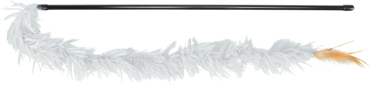 Schwarzer Stab mit befestigtem weißen Plüschband und orangefarbener Feder an einem Ende.