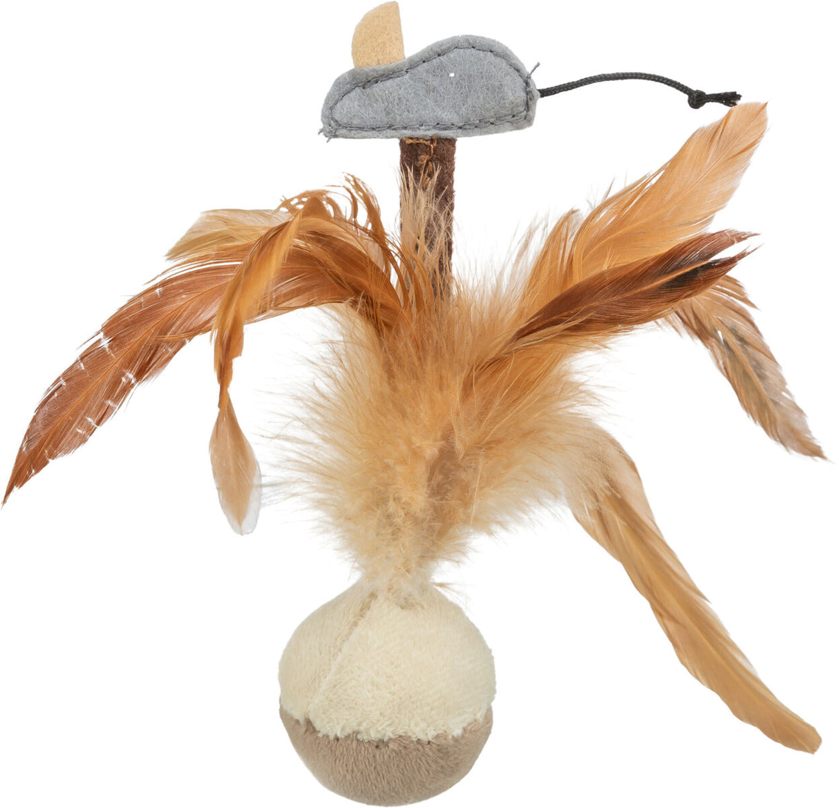 Spielzeug mit beigem Ball, braunen Federn und grau-braunem Hut, vermutlich für Katzen geeignet.
