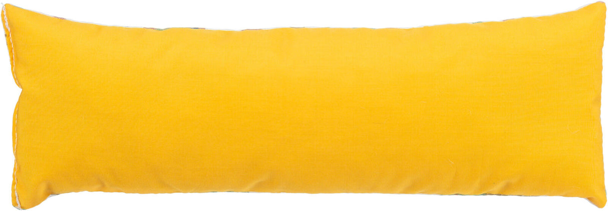 Rechteckiges, gelbes Kissen mit glatter Oberfläche und sichtbaren Nähten am Rand.